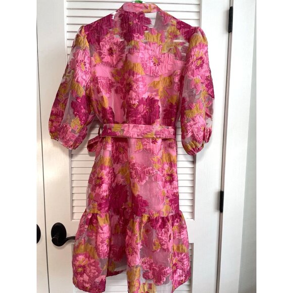 Chic Wish Floral Jacquard Puff Sleeves Organza Buttoned Belted Dolly Dress Sz L - Picture 2 of 8